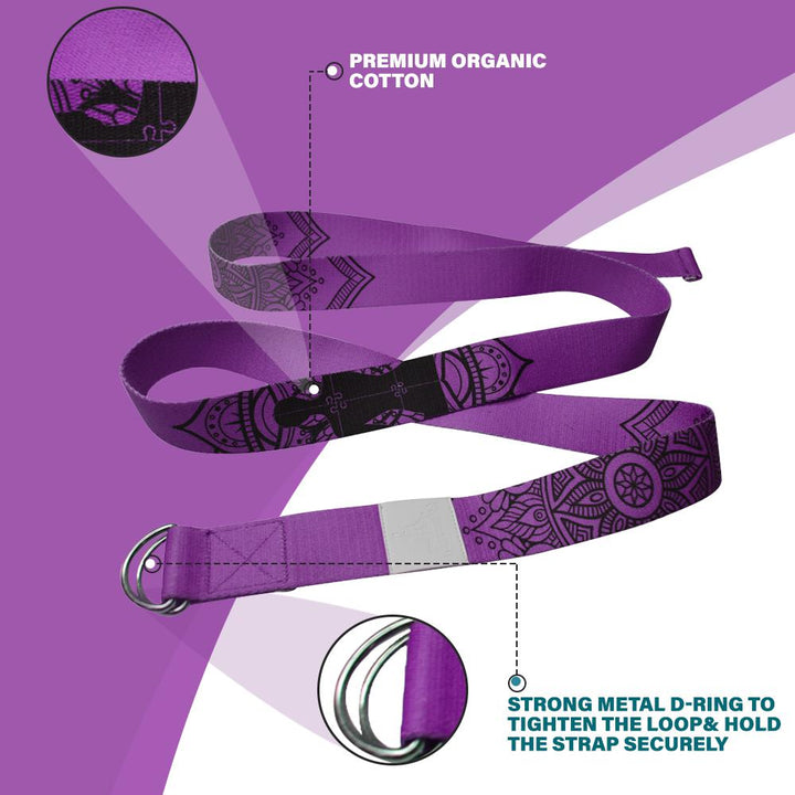 Yoga Strap-YOGA STRETCH BELTS QUALITY:- Our Yoga stretch belt is thicker (2mm) and a premium organic cotton. Durability enhanced and more hard-wearing than similar products. Designed for studio quality to withstand use commercially or at home. ECOLOGICAL - eco-friendly materials used with lead less than 90ppm, free of 6p (BBP, DBP, DEHP, DIDP, DNHP, DINP) DESIGN - 4 colour choices available and 3.8cm x 180 cm perfect size for beginners and professionals. Lotus flower prints with a central yogi i