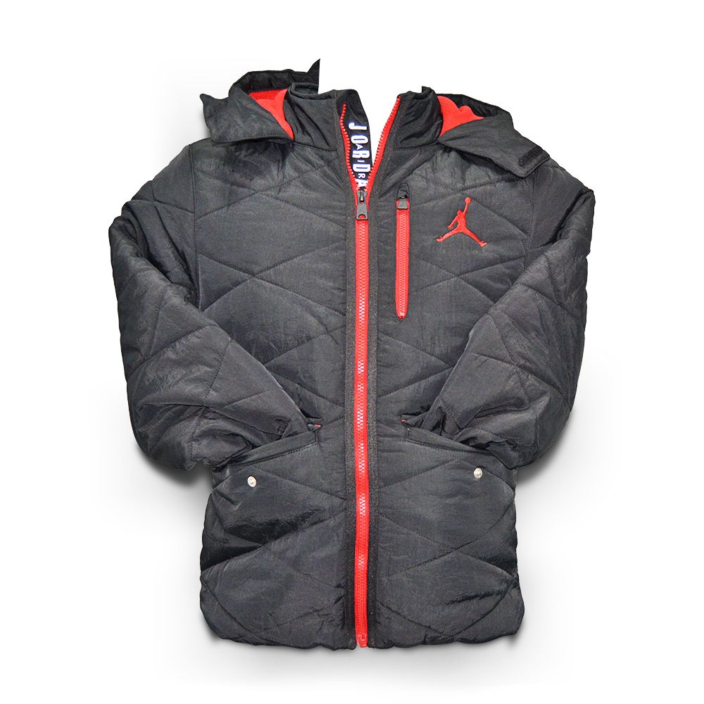 Boys Nike Jordan Puffer Red Hood Zip Jacket - 95B649 023 - Black